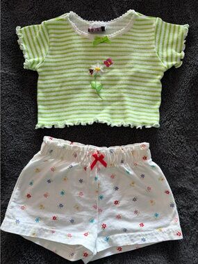 Kids Two-Piece Matching Set - Green Striped Top & Floral Shorts